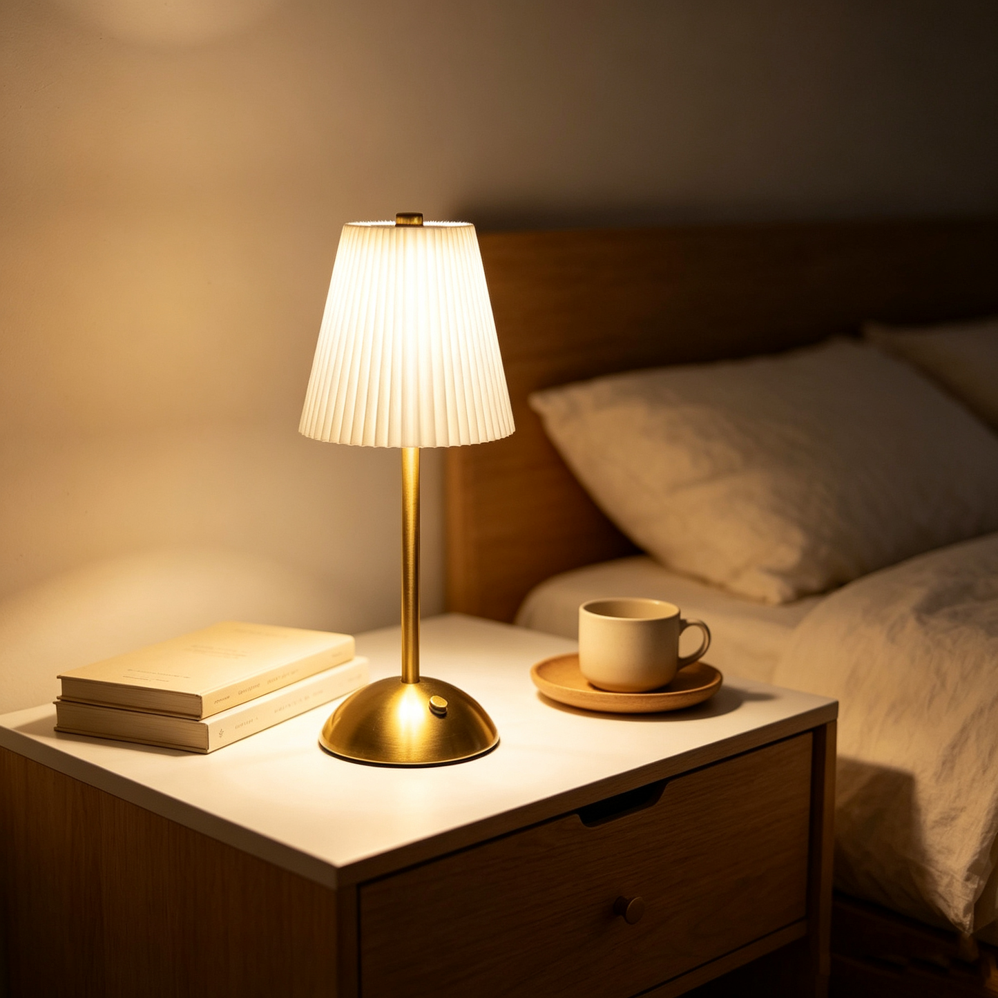 Retro Pleated Table Lamp, Vintage Brass Bedside Nightlight, Elegant Ceramic-Look Umbrella Desk Lamp for Bedroom Living Room