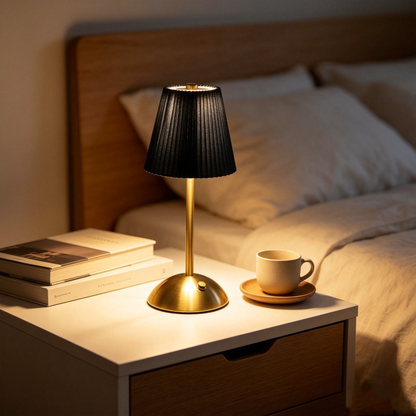 Retro Pleated Table Lamp, Vintage Brass Bedside Nightlight, Elegant Ceramic-Look Umbrella Desk Lamp for Bedroom Living Room