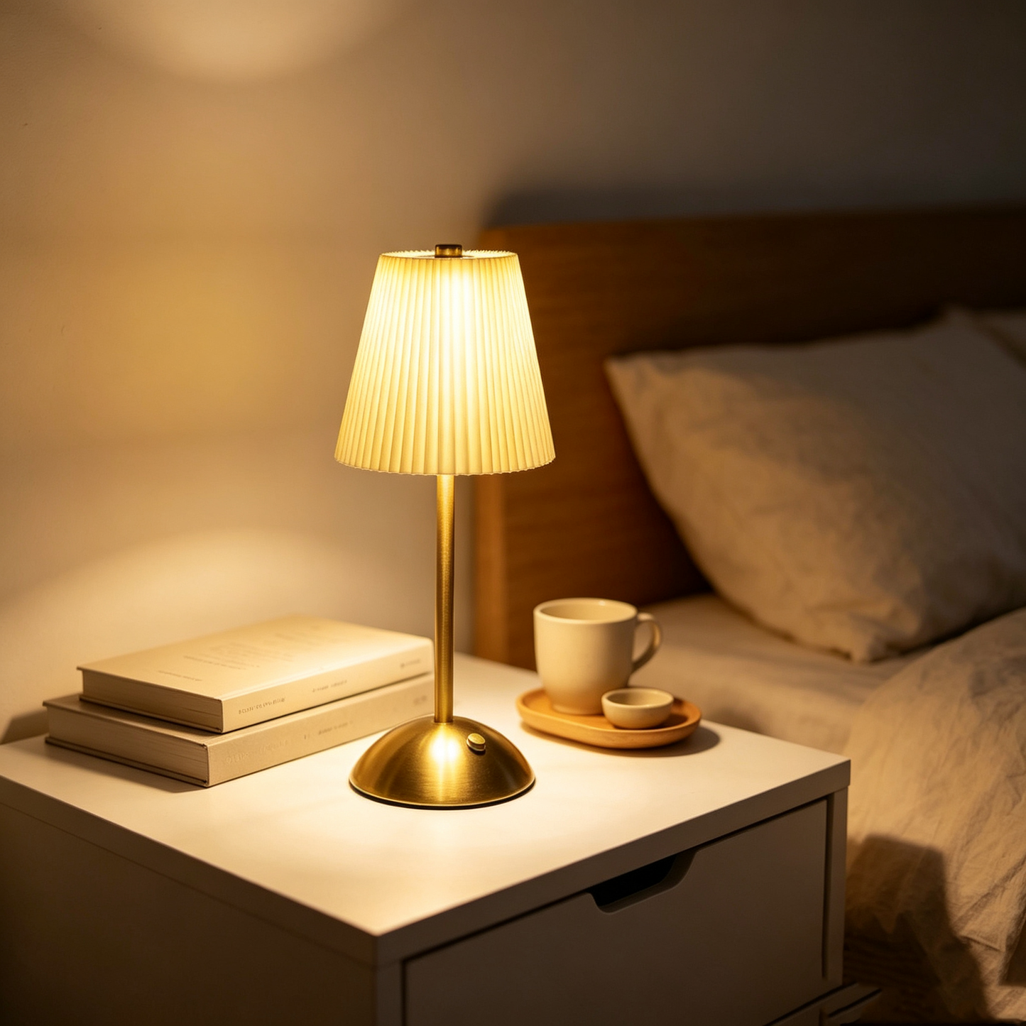 Retro Pleated Table Lamp, Vintage Brass Bedside Nightlight, Elegant Ceramic-Look Umbrella Desk Lamp for Bedroom Living Room