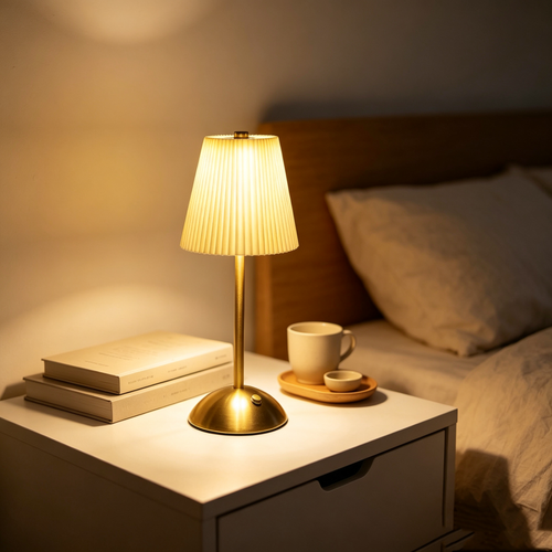 Retro Pleated Table Lamp, Vintage Brass Bedside Nightlight, Elegant Ceramic-Look Umbrella Desk Lamp for Bedroom Living Room