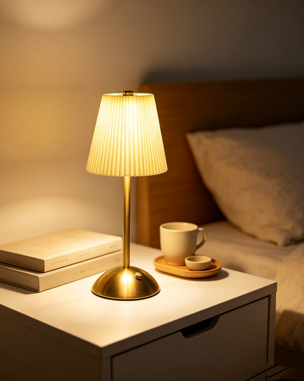 Retro Pleated Table Lamp, Vintage Brass Bedside Nightlight, Elegant Ceramic-Look Umbrella Desk Lamp for Bedroom Living Room